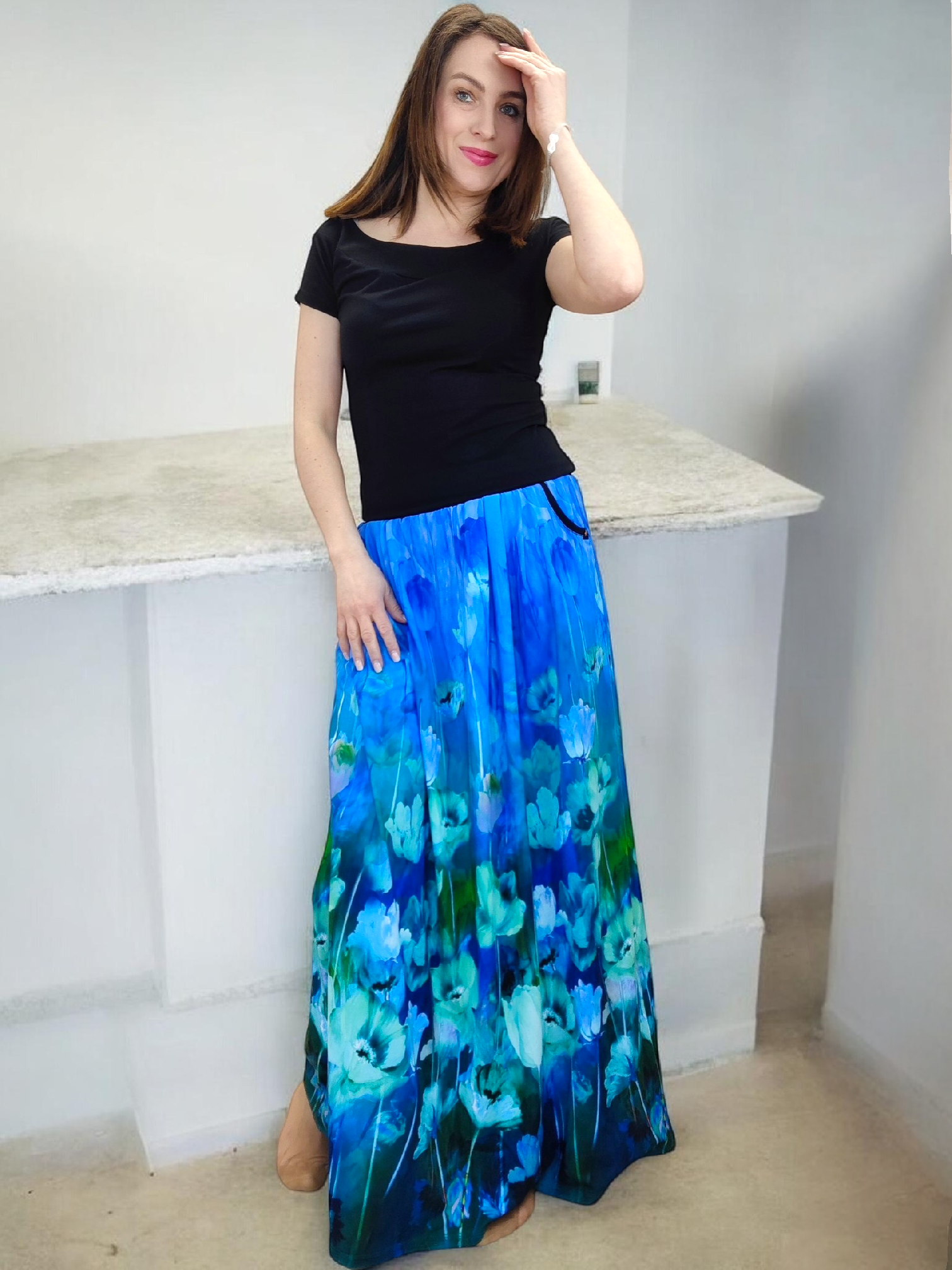 modrozelená květovaná maxi sukně Helene elegantní ženský vzhled